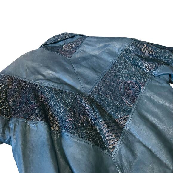 Vintage 80s Black Leather Jacket Metallic Gold Patchwork Suede Large 1990s 1980s - Picture 3 of 12